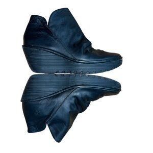 Fly London Black Soft Leather Yip Wedge Heels Booties Size 41